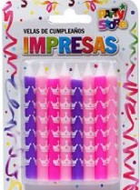 VELAS IMPRESAS VIOLETAS C/CORONA