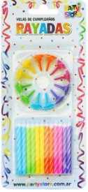 VELAS RAYADAS MULTICOLORES C/12 BASES